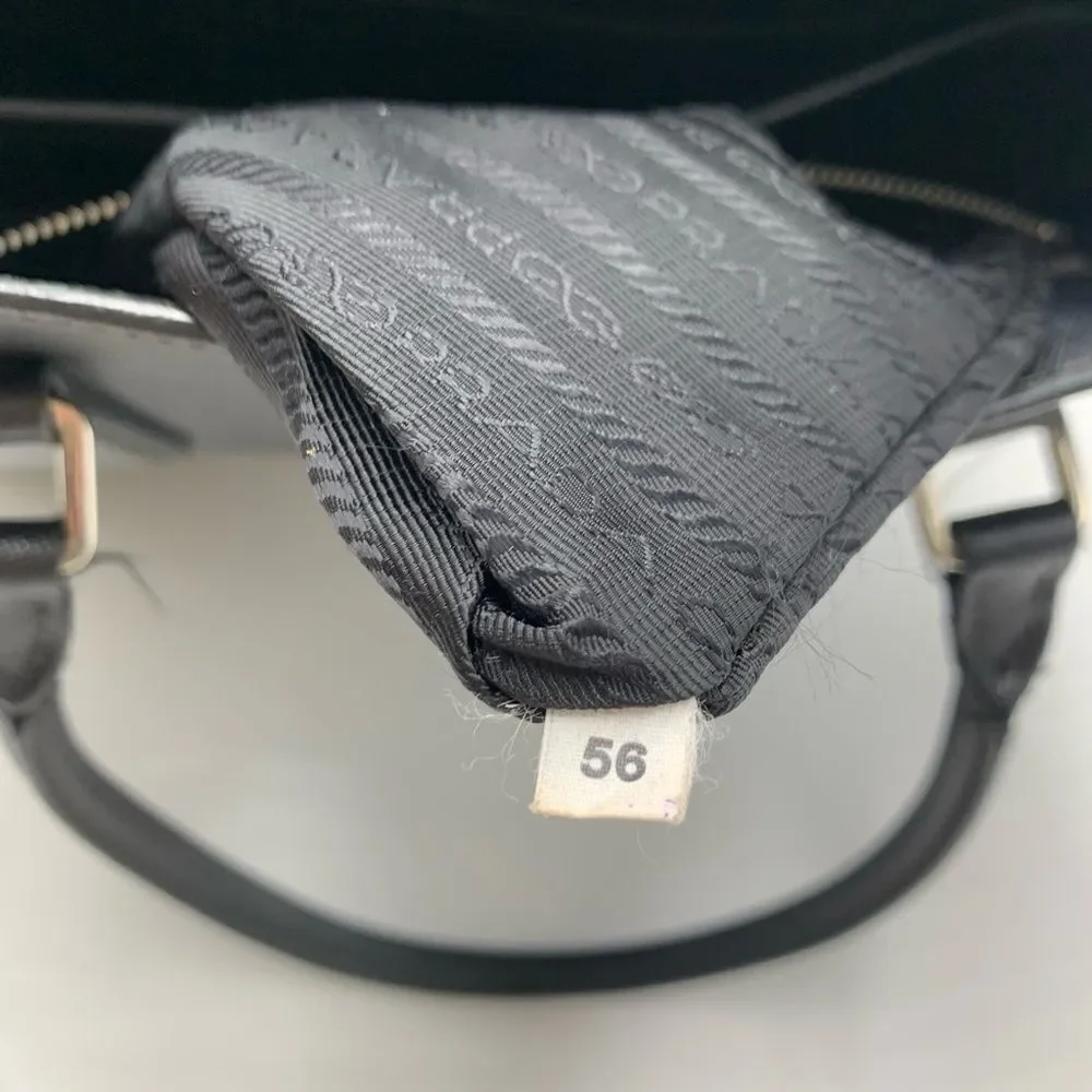 Auth Prada Black Saffiano Leather Web Blue Gray Stripe Travel Tote Preloved